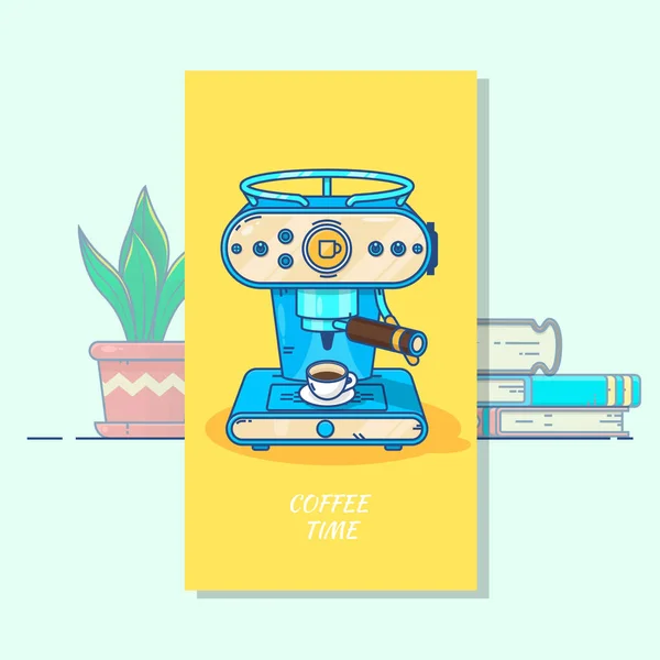 Koffiemachine met een kop warme koffie. Vlakke dunne lijn vector stijlicoon. Één ontwerpelement voor website, zakelijke — Stockvector
