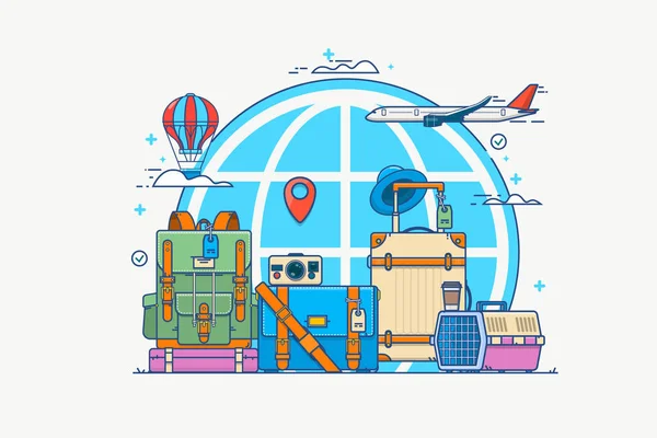 Ilustração de viagem. Globo com alfinete, câmara, mala. mochila, balão de ar, sacos de café e o plano nas nuvens.Ilustração vetorial em estilo linear plano —  Vetores de Stock