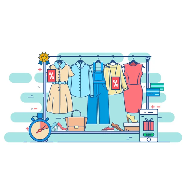 Ilustração de conceito de compras de roupas, design plano de linha fina —  Vetores de Stock