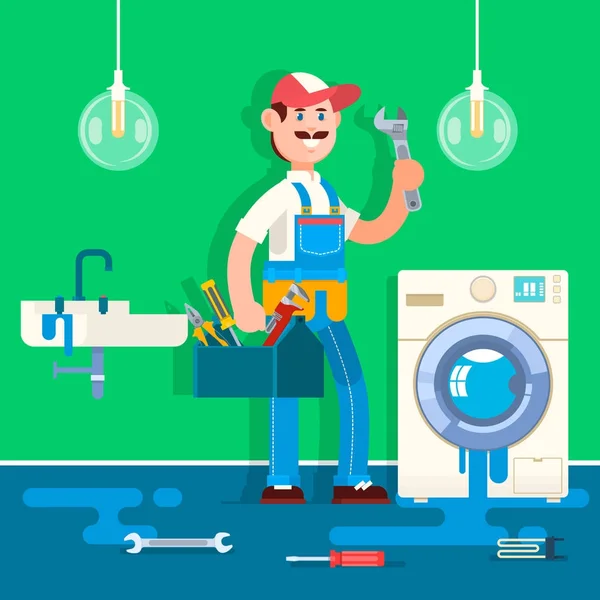 Plombier réparer tuyau sur la salle de bain. Illustration vectorielle — Image vectorielle