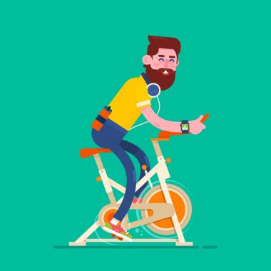 Sabit bisiklet üzerinde egzersiz adam. Çocuk Bisiklet Simulator.Fitness tasarımı üzerinde bej renkli arka plan, vektör çizim.