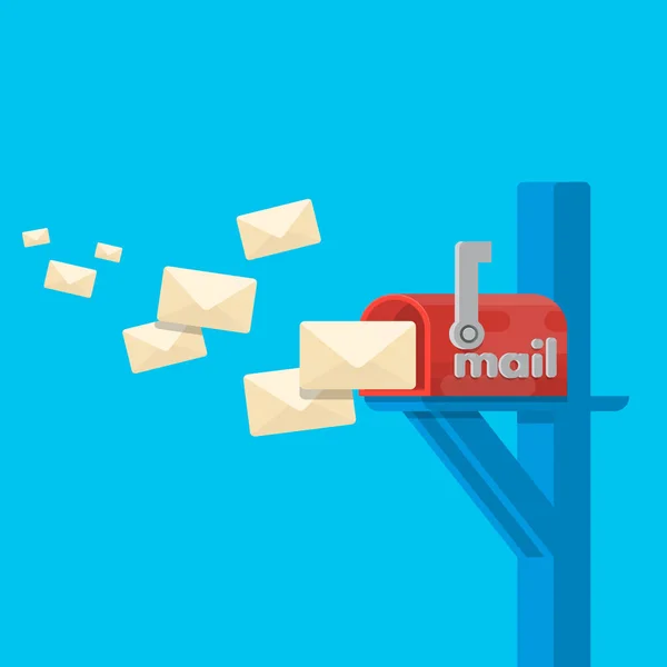 Rode mail vak post. Open brievenbus met een envelop op de cover van achtergrond geïsoleerd. — Stockvector