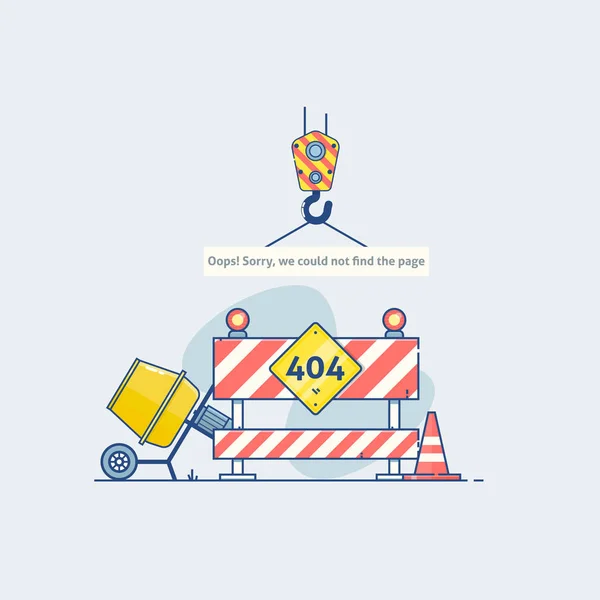 Fehler 404 Seite mit Straßenbauschildern. Seite ist verloren und nicht gefunden Meldung. Vorlage für Webseite mit 404 Fehler. Modernes Liniendesign. — Stockvektor