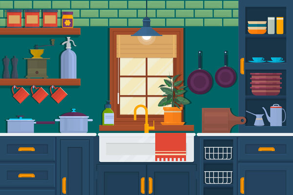 Kitchen with furniture. Cozy room interior with table, stove, cupboard and dishes. Flat style vector illustration.Vector illustration of kitchen interior.