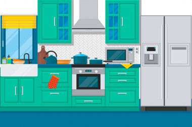 Modern mutfak iç mobilya ve pişirme cihazları ile. Düz vektör çizim