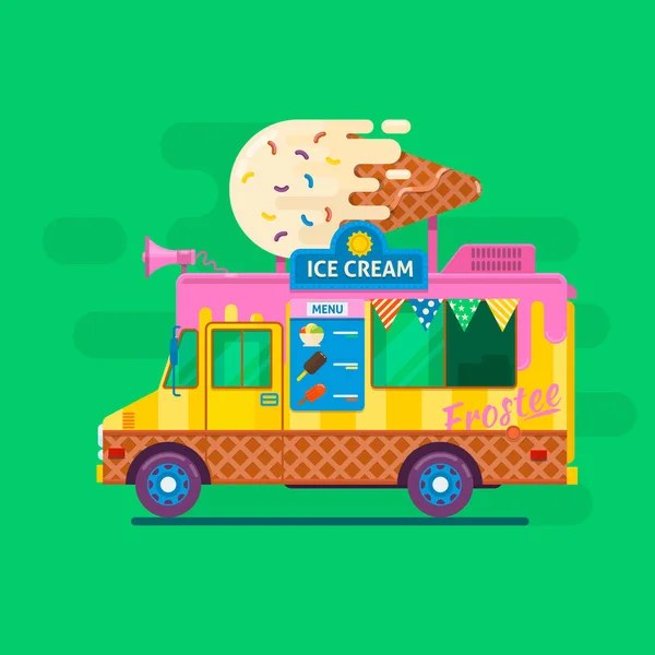 Gelato van delivery.Street cibo camion vettore illustration.Flat vettoriale illustrazione — Vettoriale Stock