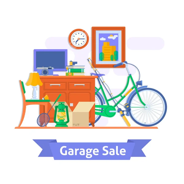 Sprzedaż garażu, gospodarstwa domowego używane towary. Ilustracja wektorowa płaski. — Wektor stockowy