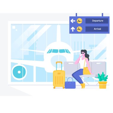 Havaalanı yolcu terminal ve bekleme odası. Güzel kadın phonewaiting havaalanında uçağı için söz. Vektör çizim