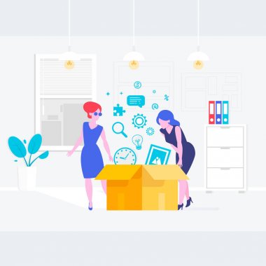 Sekreter veya ofisinde çalışan bir memur. Genç iş kadını, kişisel asistan veya sabit çalışma Bakanı vektör çizim.