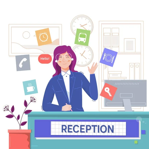 Reception service hotell, leende flicka sitter i receptionen. Flat vektorillustration — Stock vektor