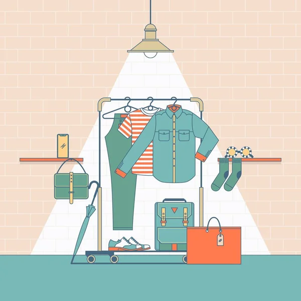 Kleidung Shopping-Konzept illustration.in flachen dünnen Linien umreißen Stil-Symbole — Stockvektor