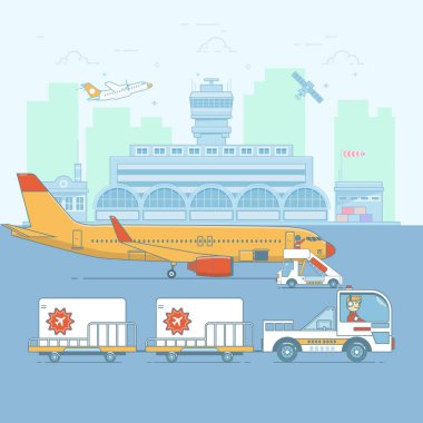 Havaalanı, uçak. Terminal ve airplanes.ineart renkli vektör çizim