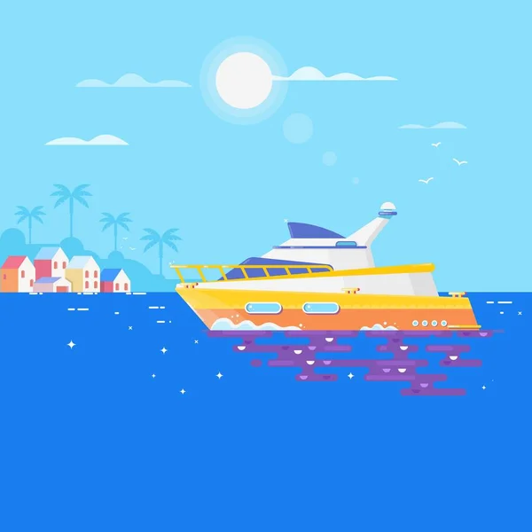 Barca a vela in mare e gabbiani around.Luxury viaggio mare mare trasporto yacht. Illustrazione vettoriale piatto — Vettoriale Stock