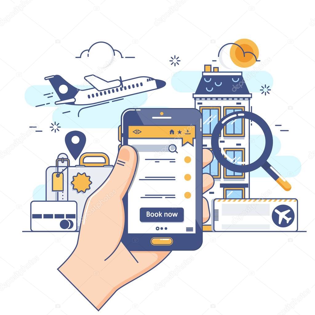 Summer holiday vacation booking online concept.Online booking design concept for mobile phone hotel, flight, car, tickets. Vector illustration