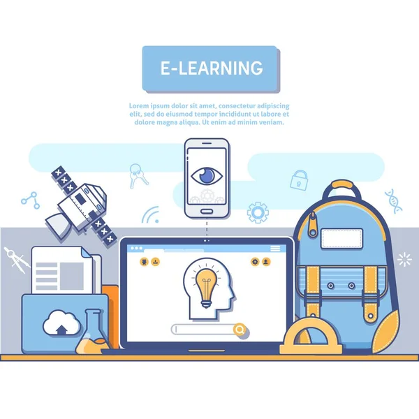 Conceito de E-Learning para desenvolvimento de aplicações.Conceito de design colorido plano —  Vetores de Stock