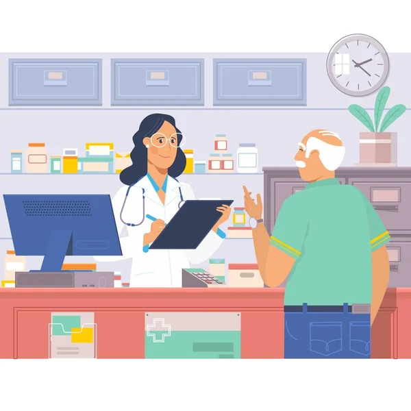 Pharmacien au comptoir en pharmacie. L'homme achète des médicaments à la pharmacie. Illustration vectorielle drugstore — Image vectorielle