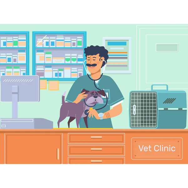 Veterinário examinando um cão em animal hospital.Veterinário médico pet check-up com estetoscope.Vector ilustração —  Vetores de Stock