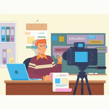 Eğitim video blog sahne arkası kavramı filme. Video öğreticiler oluşturma. Düz vektör çizim