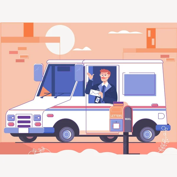 Postman delivering letters to mailbox of recipient.Smiling truck driver in the car. Flat vector illustration — Stock Vector