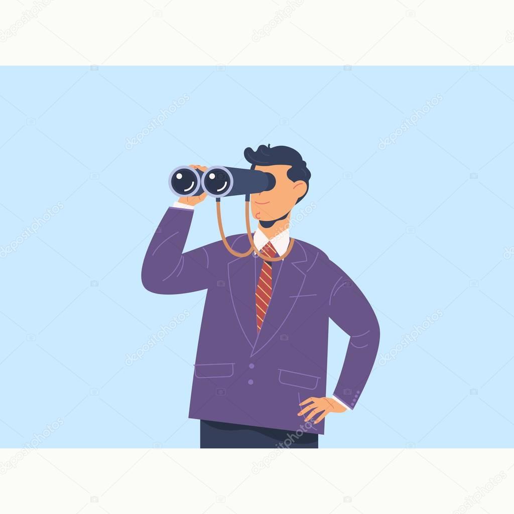 Businessman with binoculars. Search concept.Flat vector illustration