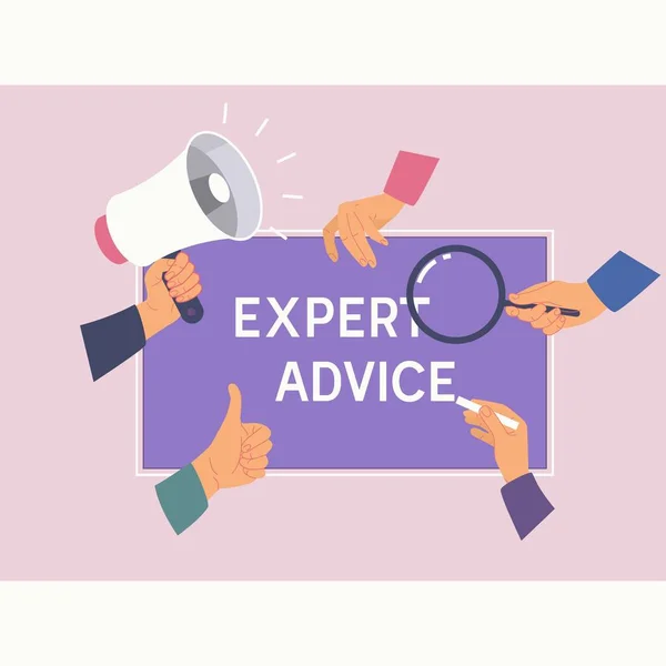 Experts conseils aide Consulting Business Service concept. Des mains féminines et expression illustration vectorielle Expert Advice.Flat — Image vectorielle