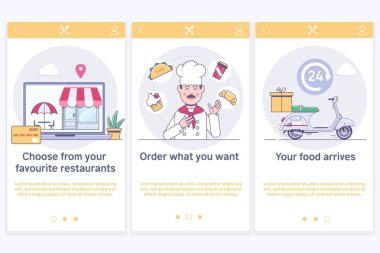 Online Sipariş ve fast food teslim. İnce çizgi renkli vektör illüstrasyon kavramı