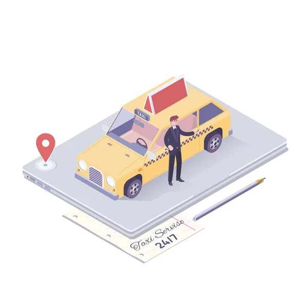 Taxidienst. Taxi-App-Illustration. dünne Linie flaches Designkonzept. flaches 3d isometrisches Konzept — Stockvektor