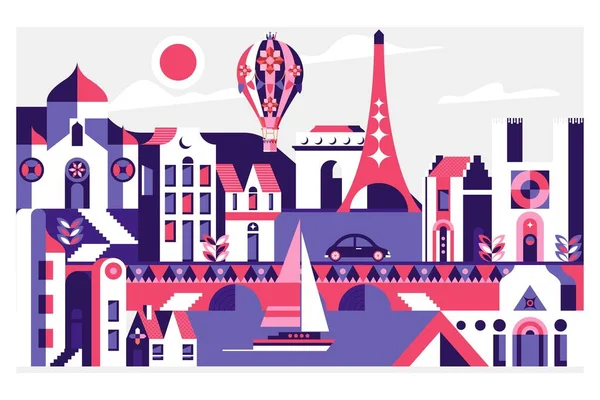 Paris, Fransa 'nın ünlü simgeleriyle seyahat posteri. Düz vektör illüstrasyonu. — Stok Vektör