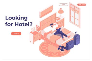 Adam rezervasyon otel rezervasyon dijital Tablet.Vector izometrik otel oda simgesini