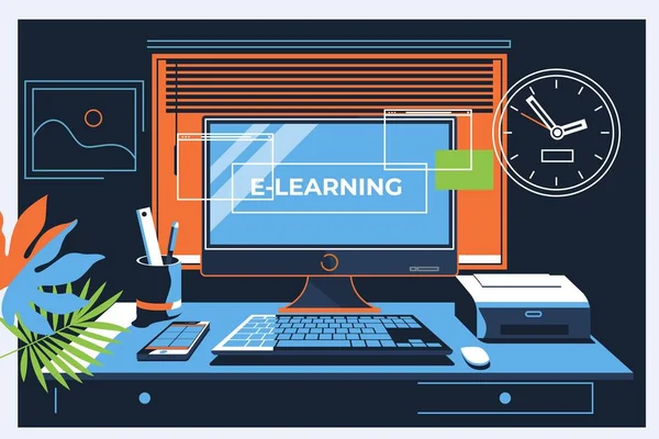 E-learning Concept για την ιστοσελίδα, banner, παρουσίαση. Εικόνα διανύσματος γραμμής — Διανυσματικό Αρχείο