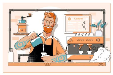 Kahve dükkanında müşteriye kahve hazırlayan yakışıklı barista. Çizgi vektör illüstrasyonu.