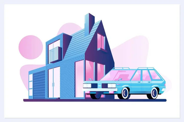 Modest Residential Family House Car Parked Driveway Front Flat Vector — Stock Vector