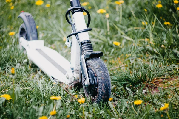 Çiçekli Çimenlikte Beyaz Elektrikli Scooter Sarı Çiçekler — Stok fotoğraf