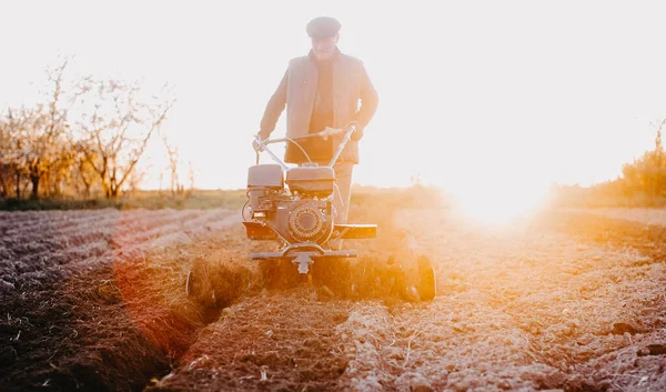 Farmář Pracuje Poli Procházce Motoblockem Orá Zemi Pluhem Při Západu — Stock fotografie