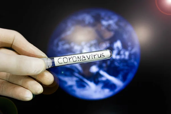 Hand Glove Holding Medical Test Tube Inscription Coronavirus Pandemic Concept — Stock Photo, Image