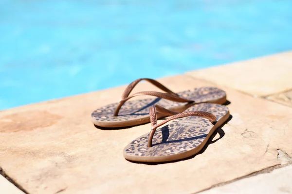 Havaianas sandalet (flip flop) önünde bir havuzu
