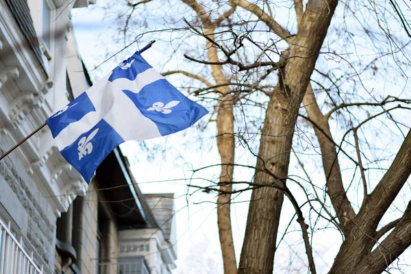 渦巻く風にモントリオールのケベック州旗 — ストック写真