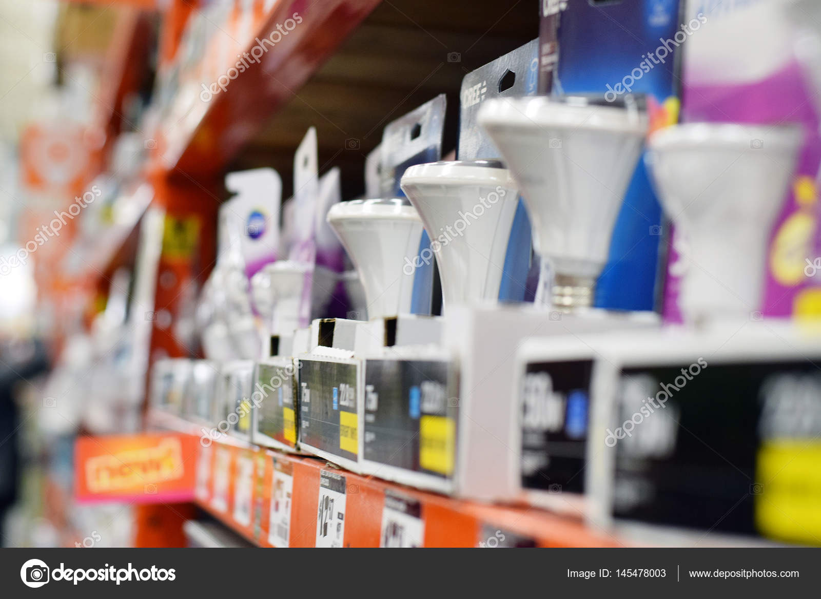 Light bulb display in a Home Depot store Stock Editorial Photo