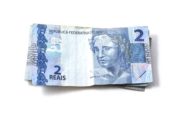 Tumpukan dua uang asli (reais) uang kertas Brasil — Stok Foto