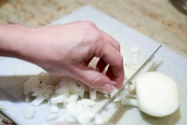 Kesme tahtasında el doğrama soğan
