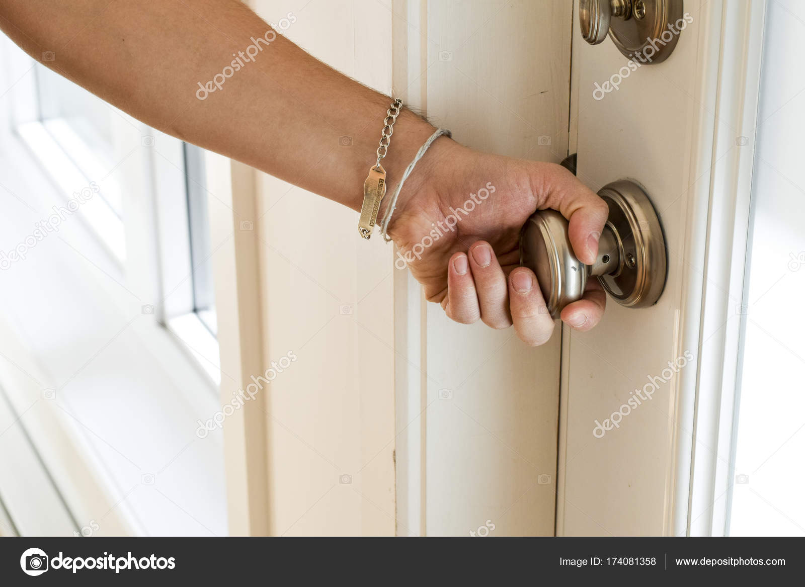 Male Hand Turning Brass Doorknob Stock Photo C Cabecademarmore