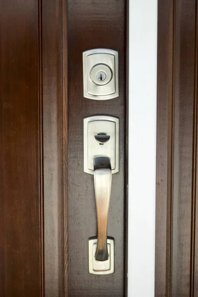 Brushed Metal Lock Handle Wooden House Door Outsid — Stock Photo, Image