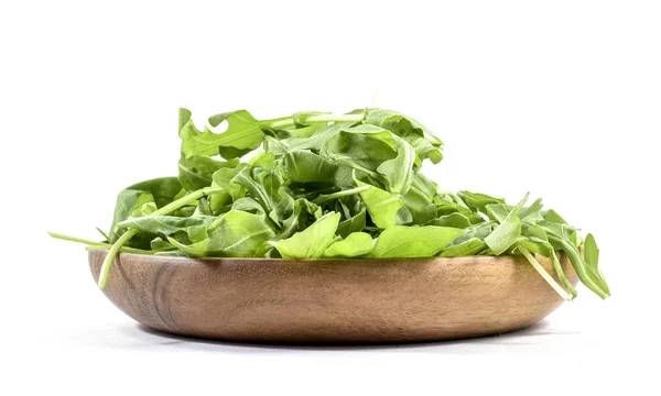 Fresh Green Arugula Rocket Colewort Roquette Isolated Wooden Plate — Stock Photo, Image