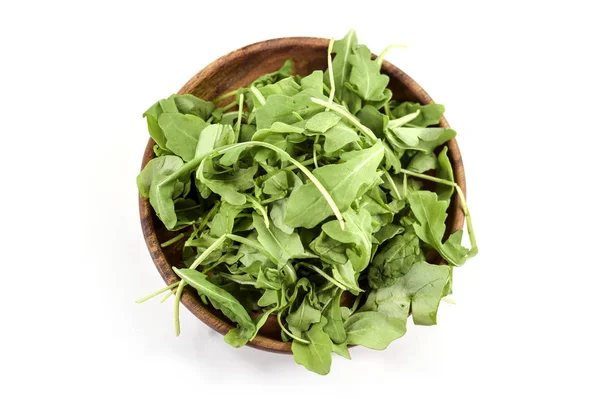 Rucola Verde Fresca Rucola Colewort Roquette Isolata Piastra Legno — Foto Stock