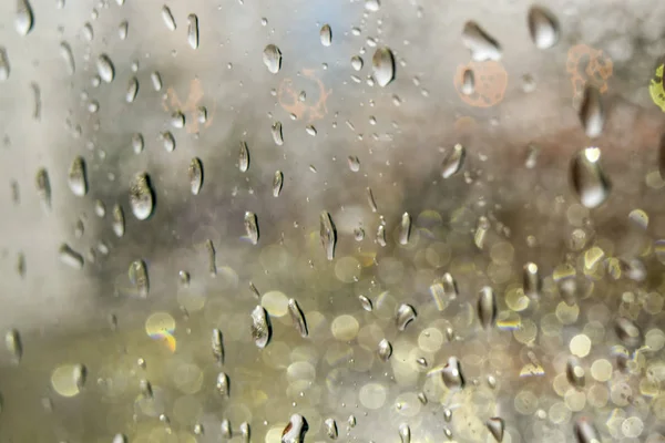 Closeup Raindrops Window Front City Background — Stock Photo, Image