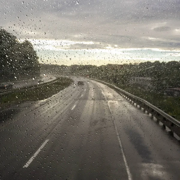Rain Water Droplets Car Window Driving Highway Blur — Stock Photo, Image