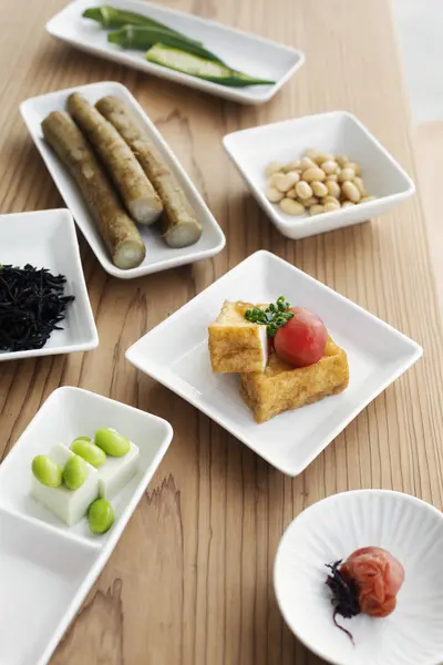 Primer Plano Gran Angular Una Selección Platos Japoneses Vegetarianos Café — Foto de Stock