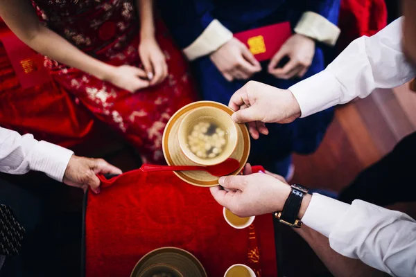 High Angle Close Ritual Chinese Wedding Ceremony People Passing Bowl — Stok fotoğraf