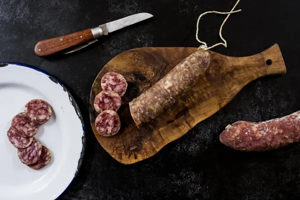 High Angle Close Knife Sliced Salami Wooden Cutting Board White — Stock Photo, Image