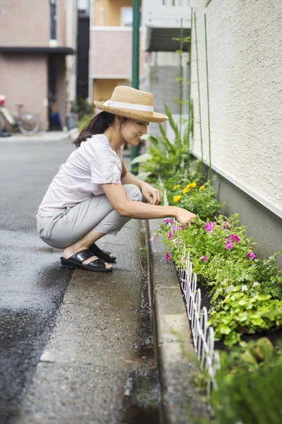 Mujer agacharse y plantar flores - foto de stock